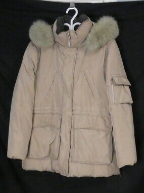MARVIN RICHARDS Beige Down-Filled Winter Parka Coat Fur Trim Hood - Size Large